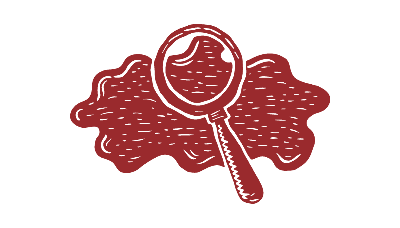 A magnifying glass held over a mole, drawn as a red linocut print on white